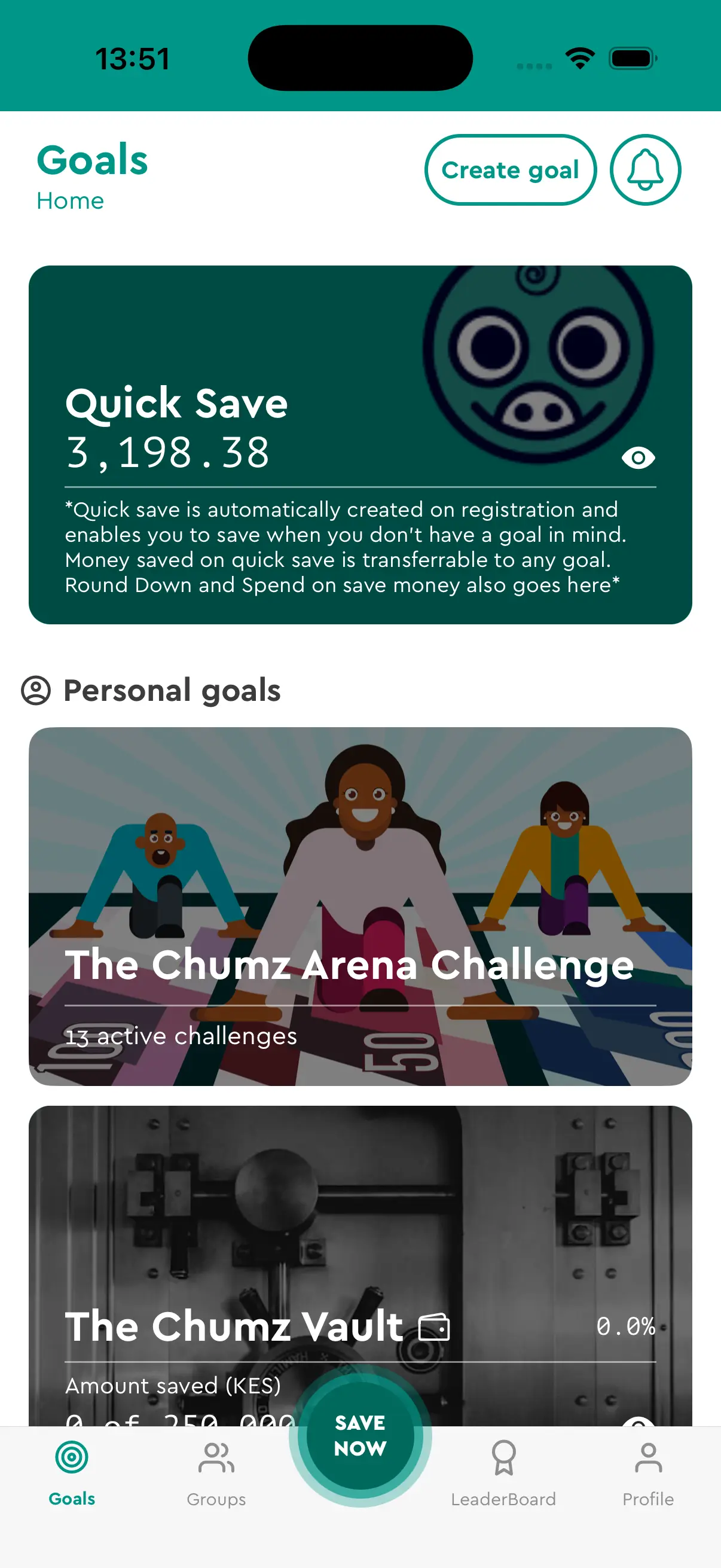 Chumz app Goals screen showing the Quick Save balance and a list of personal savings goals