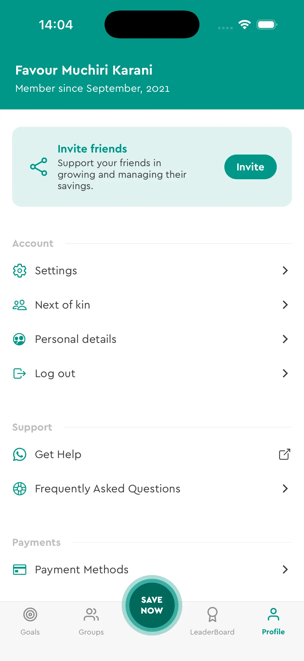 Chumz app account page showing profile, settings, and support options