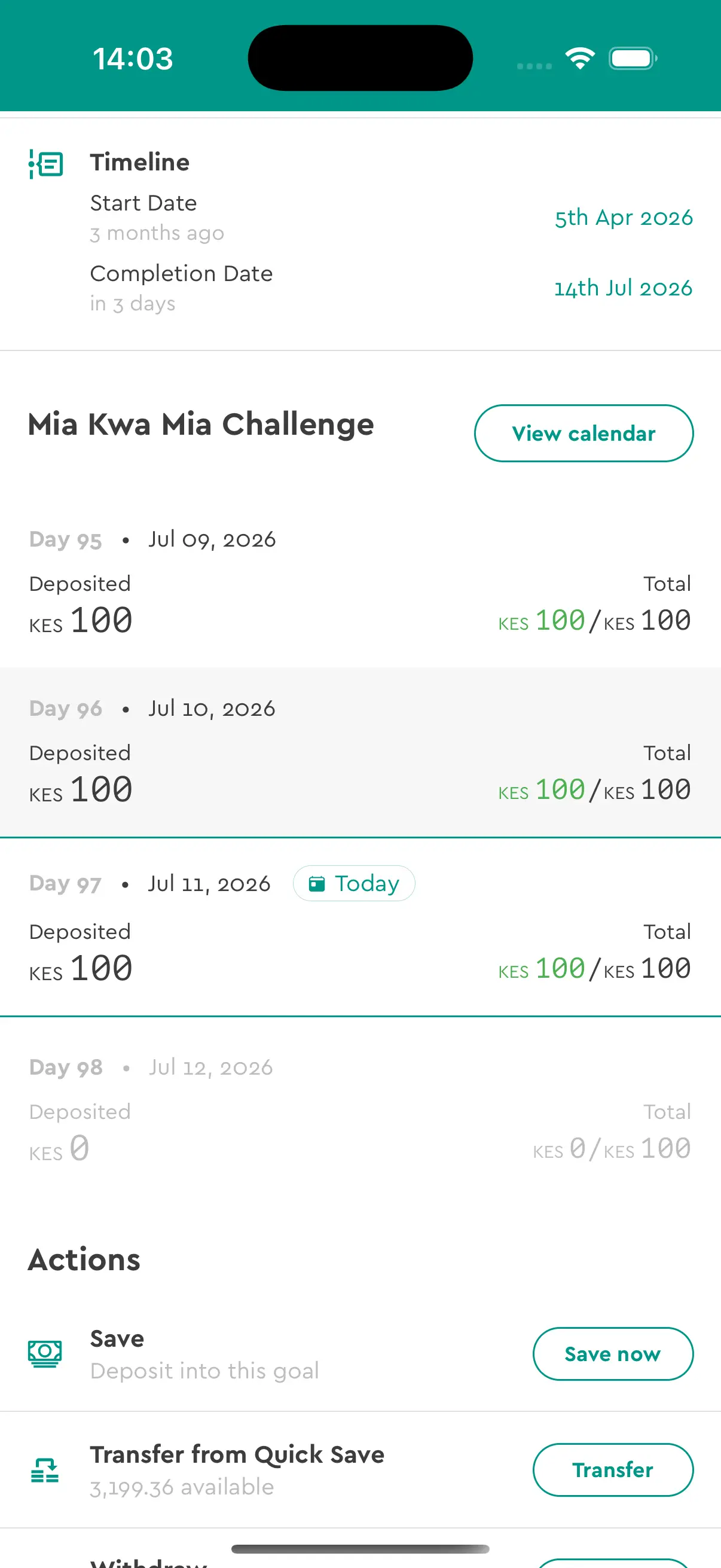 Chumz app Mia Kwa Mia savings challenge timeline showing daily deposit history